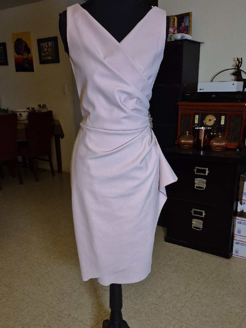 Alex Evenings Blush Pink Draped V-Neck Midi Dress with Side Accent